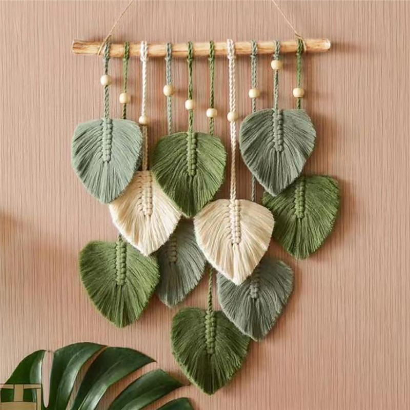 Tenture Murale Macramé avec Feuilles - Décoration Murale Bohème Chic