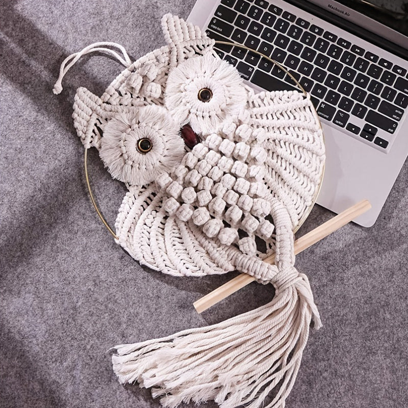 Macramé Murale Hibou - Tenture Tissée à la Main en Coton