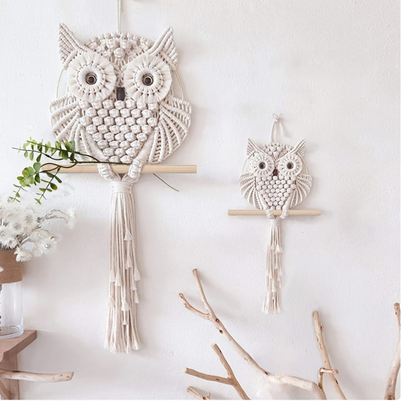 Macramé Murale Hibou - Tenture Tissée à la Main en Coton