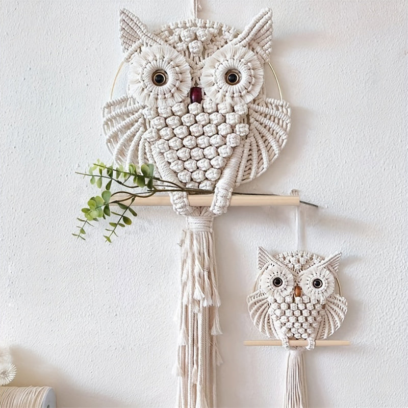 Macramé Murale Hibou - Tenture Tissée à la Main en Coton