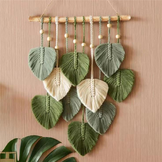 Tenture Murale Macramé avec Feuilles - Décoration Murale Bohème Chic