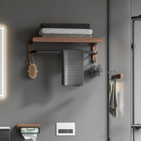 Ensemble d'Accessoires de Salle de Bain en Bois de Noyer Noir - Porte-serviettes, Support Papier Toilette et Étagère