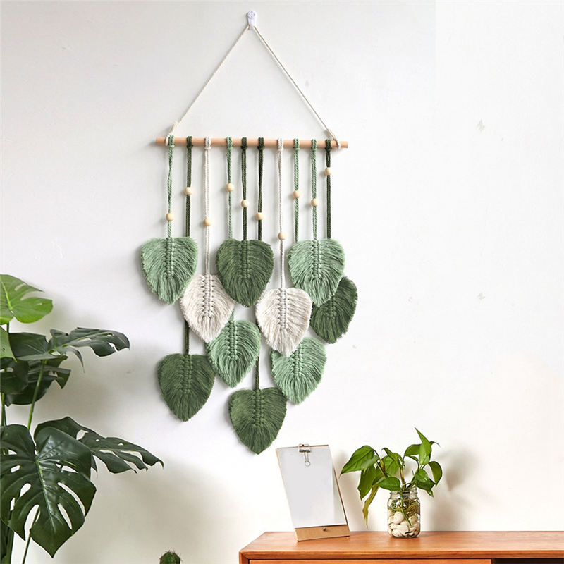 Tenture Murale Macramé avec Feuilles - Décoration Murale Bohème Chic
