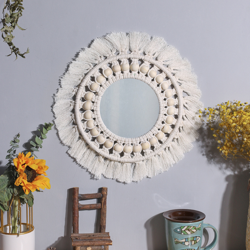 Miroir Rond en Macramé avec Perles en Bois Beige