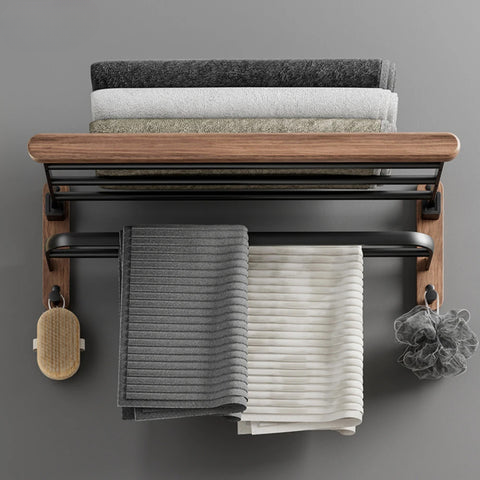 Ensemble d'Accessoires de Salle de Bain en Bois de Noyer Noir - Porte-serviettes, Support Papier Toilette et Étagère