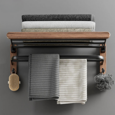 Ensemble d'Accessoires de Salle de Bain en Bois de Noyer Noir - Porte-serviettes, Support Papier Toilette et Étagère