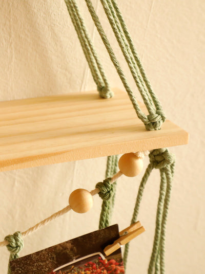 Étagère Flottante en Macramé avec Feuilles - Décoration Murale Boho Chic