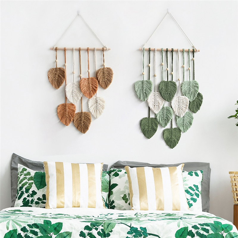 Tenture Murale Macramé avec Feuilles - Décoration Murale Bohème Chic