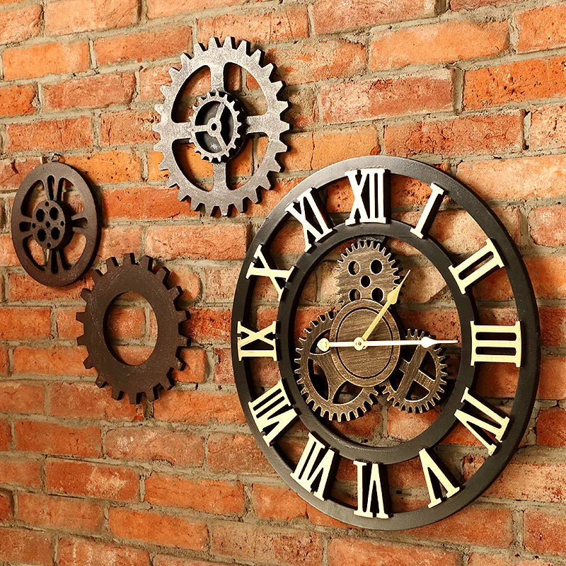 Horloge Murale 3D Vintage en Bois - Style Industriel Steampunk