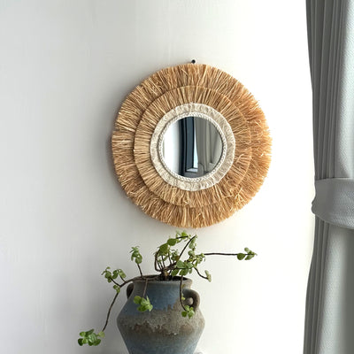 Miroir mural rond en raphia à deux niveaux