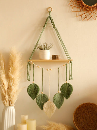 Étagère Flottante en Macramé avec Feuilles - Décoration Murale Boho Chic