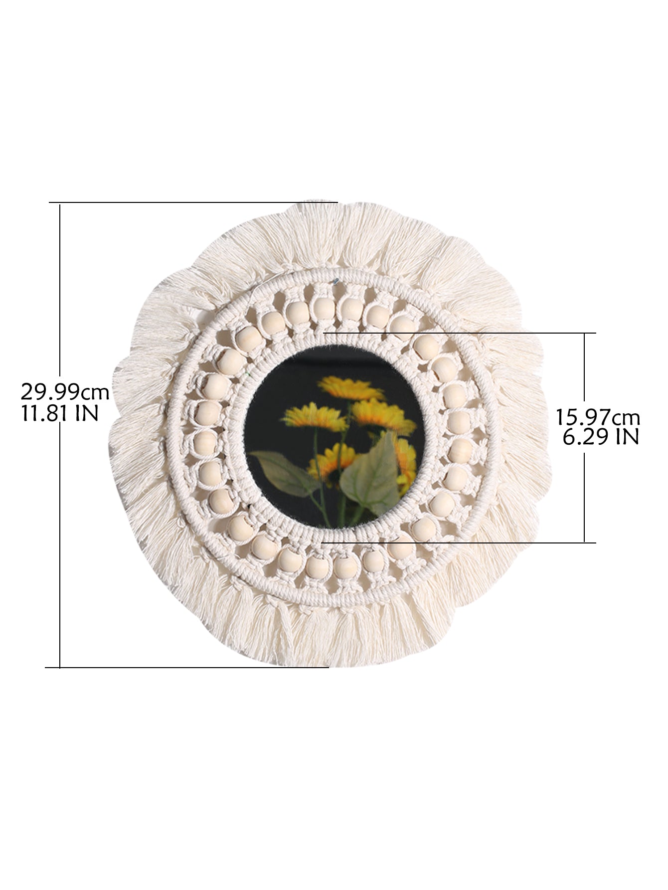 Miroir Rond en Macramé avec Perles en Bois Beige