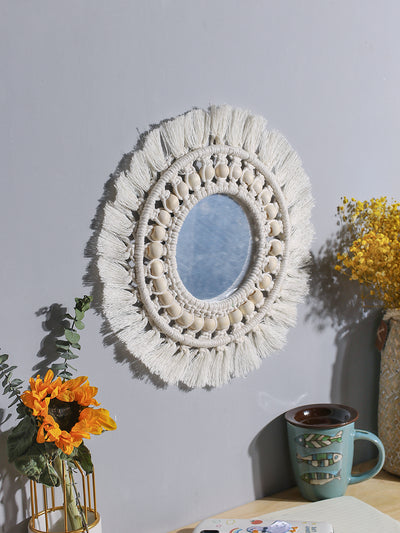 Miroir Rond en Macramé avec Perles en Bois Beige