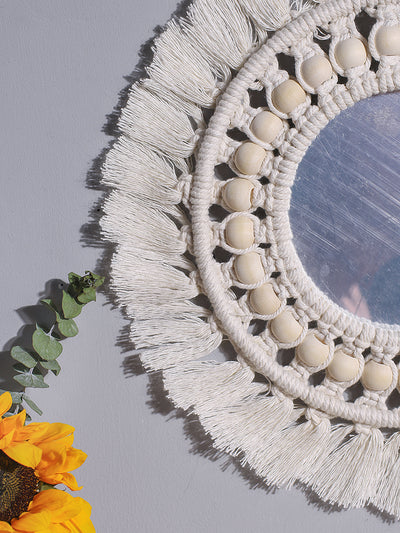 Miroir Rond en Macramé avec Perles en Bois Beige