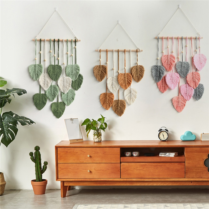 Tenture Murale Macramé avec Feuilles - Décoration Murale Bohème Chic
