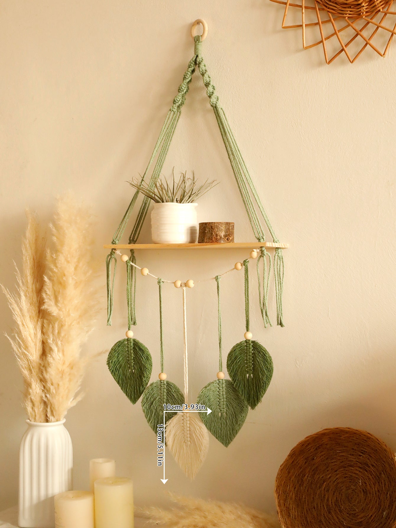 Étagère Flottante en Macramé avec Feuilles - Décoration Murale Boho Chic