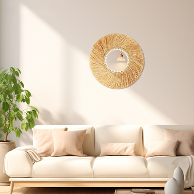 Miroir Mural Décoratif en Perles de Bois de Raphia & Bambou, Fait à la Main