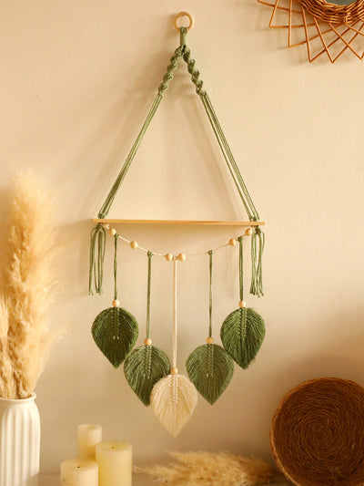 Étagère Flottante en Macramé avec Feuilles - Décoration Murale Boho Chic